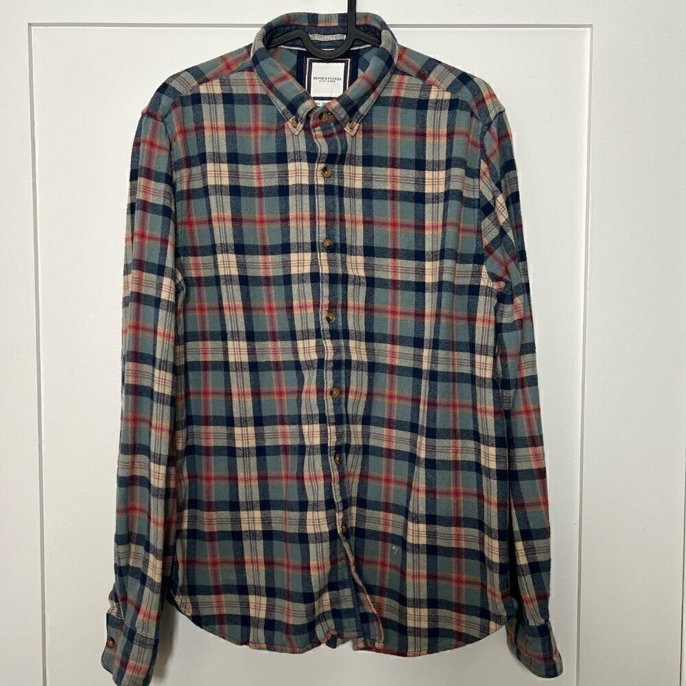 Denim & Flower Mens Shirt Large Flannel Button Down Plaid Long Sleeve Blue Red